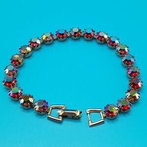 Vintage Red Rhinestone Bracelet, Aurora Borealis, 1950s Vintage Jewelry, 7 Inch